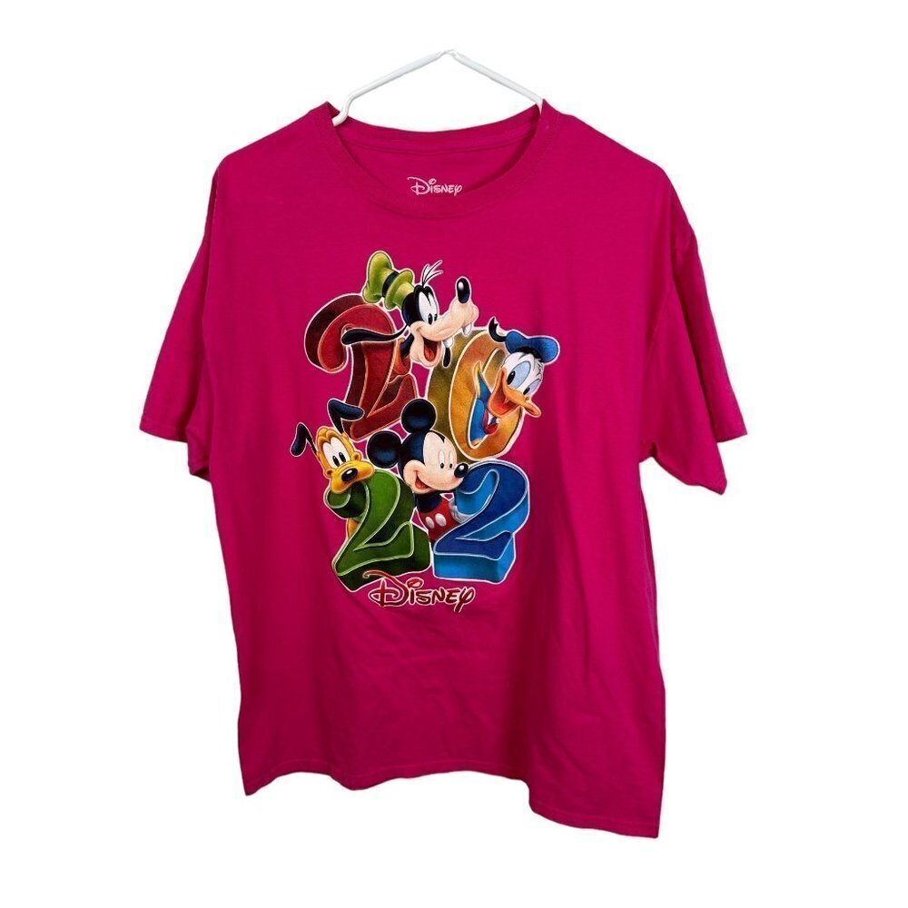 Disney Parks 2022 Mickey Mouse Donald Goofy Pluto Pink Graphic T-Shirt L 12/14‎